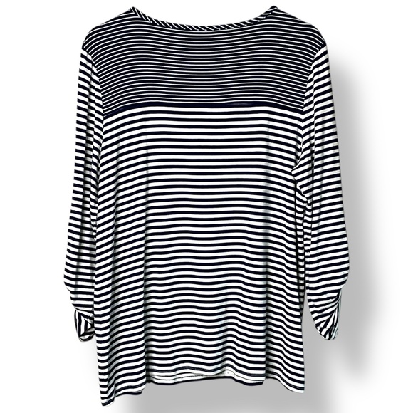 CHICO’S Rayon Spandex Blend Navy White Stripe Tunic Roll Tab Sleeves US Sz L - Picture 3 of 10